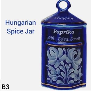 Kalocsa Hungary Hand Painted Paprika Jar Gold Trim Blue White Includes S…